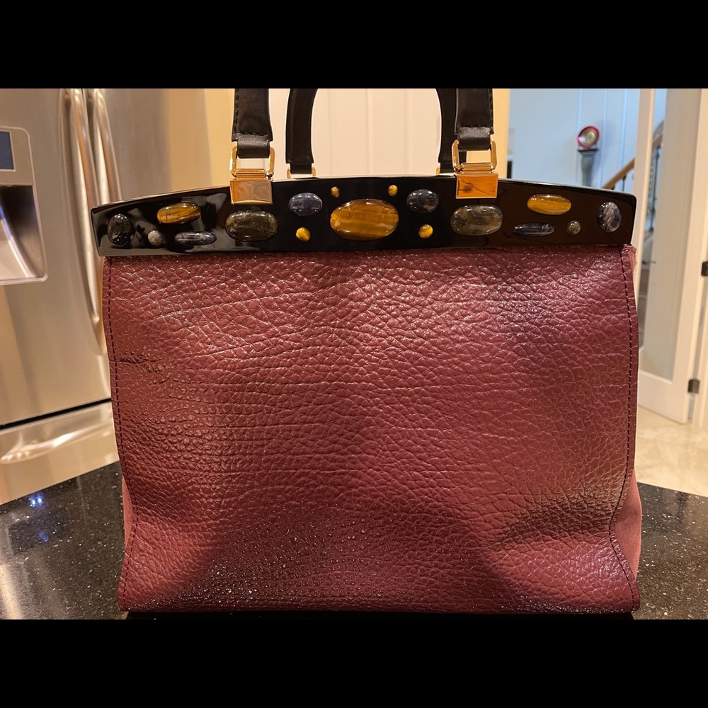TORY BURCH GIGANTIC ATTERSEE LEATHER HANDBAG PURSE LARGE PLASTIC  EMBELLISHMENTS